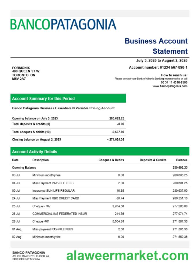 Banco Patagonia business bank statement Word and PDF format